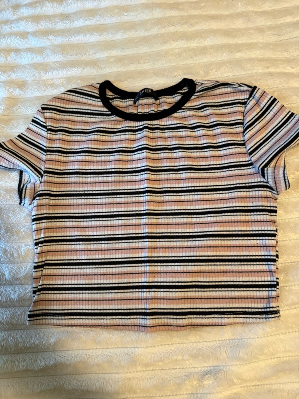 SHEIN Pink & Black Striped Ribbed Short Sleeve Crop Top